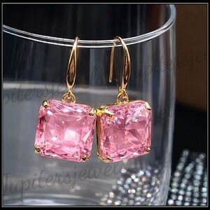 New 925 Gold Mega Pink Topaz Square Crystal Prism Translucent Earrings